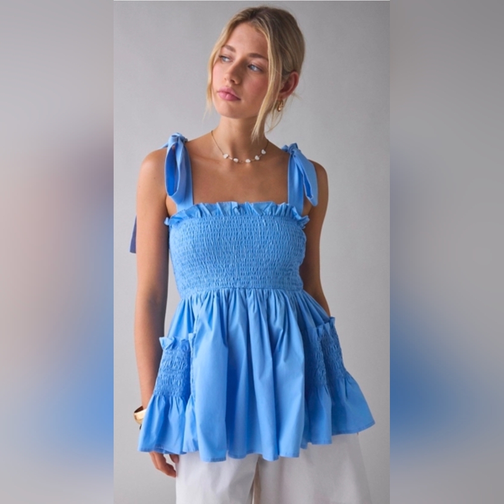 Sister Jane Blue Smocked Ruffled Babydoll Top with Tie Straps